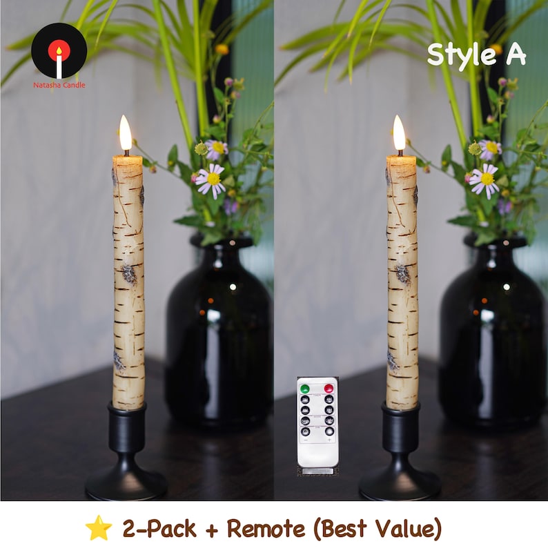 Rustic Birch & Bark Flameless Candles – Realistic LED Taper Candles Woodland Home Decor, Cozy Cabin Fireplace Lights 2-Pack + Remote A