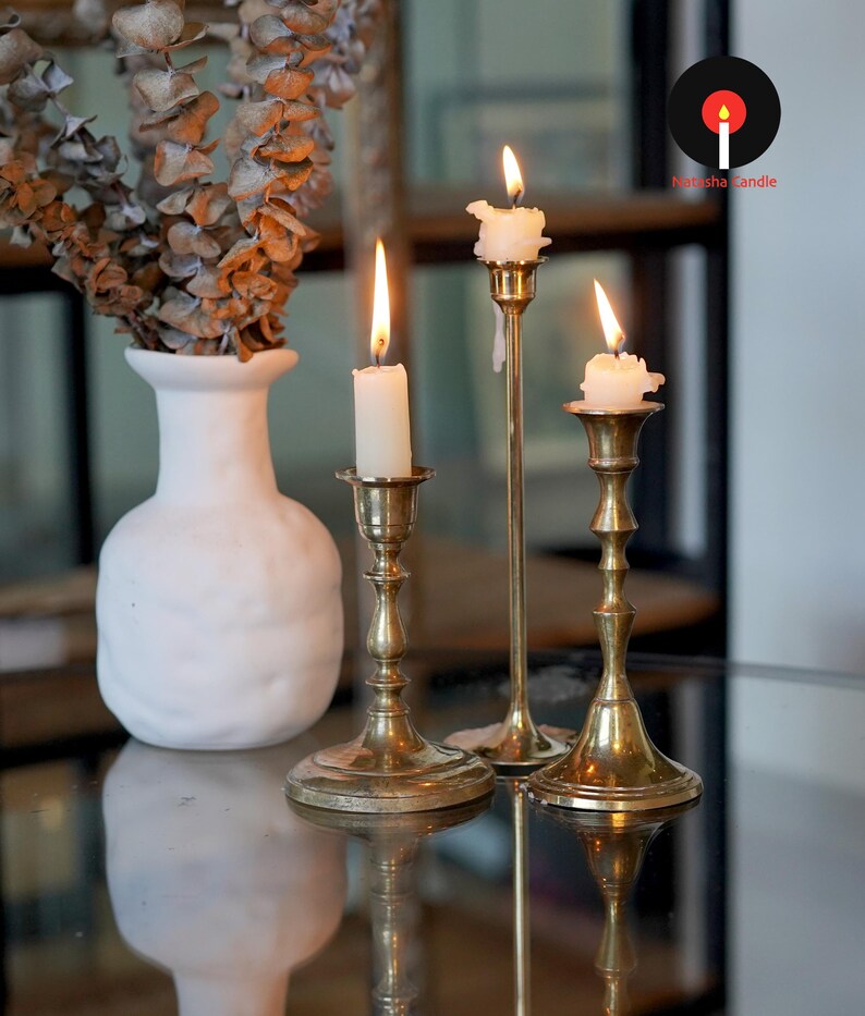 Vintage Brass Candlestick Holder Set, Curated Brass Candle Holders, Antique Style Taper Candle Stands, Old World Home Decor image 3