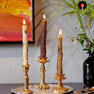 Rustic Birch & Bark Flameless Candles  – Realistic LED Taper Candles Woodland Home Decor, Cozy Cabin Fireplace Lights