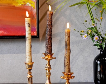 Velas rústicas sin llama de abedul y corteza – Velas cónicas LED realistas para decoración del hogar estilo bosque, luces acogedoras para chimenea de cabaña