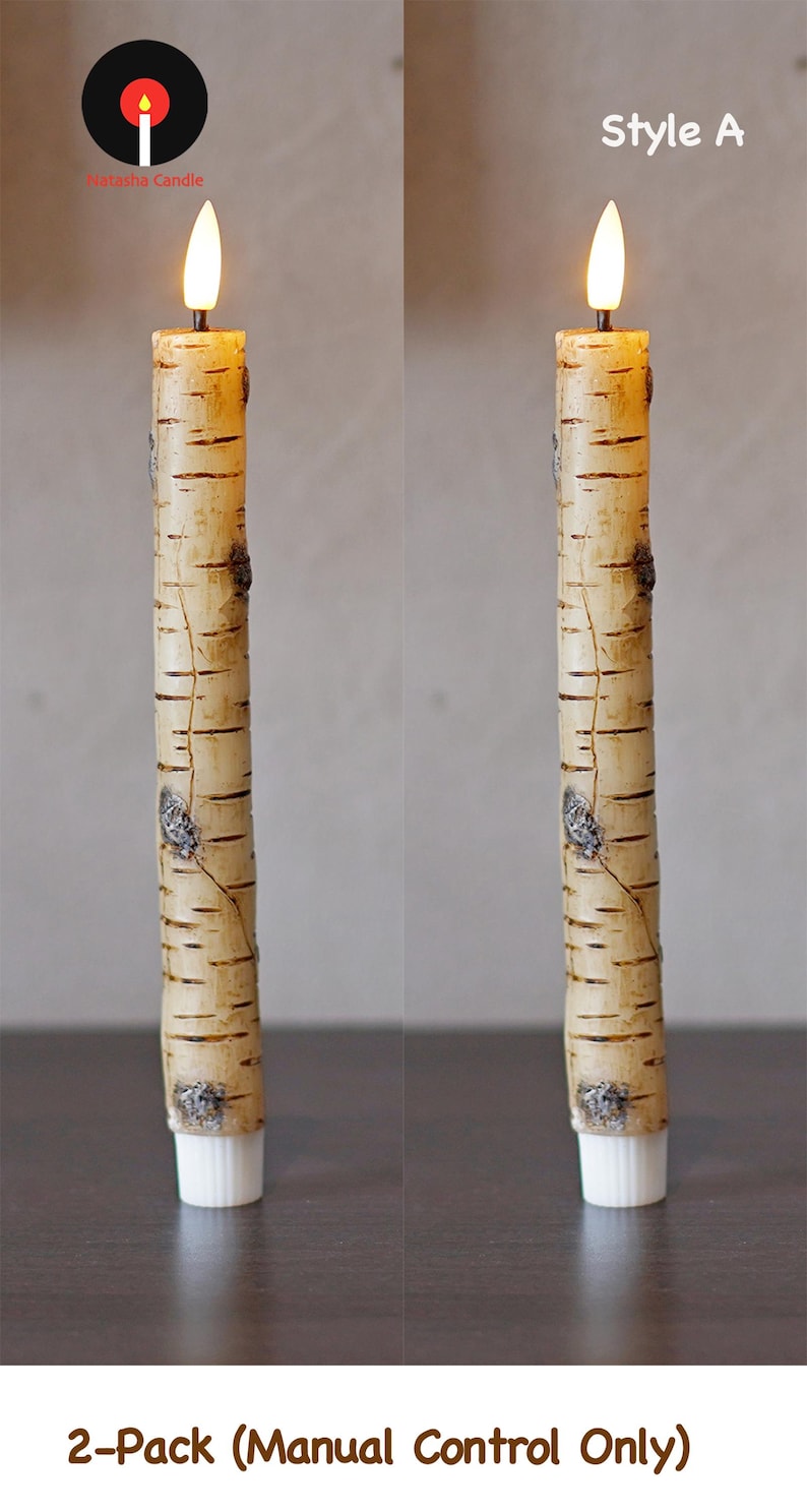 Rustic Birch & Bark Flameless Candles – Realistic LED Taper Candles Woodland Home Decor, Cozy Cabin Fireplace Lights 2-Pack (Manual ）