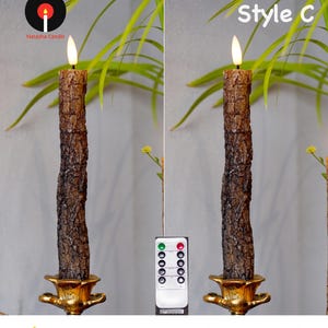 Rustic Birch & Bark Flameless Candles – Realistic LED Taper Candles Woodland Home Decor, Cozy Cabin Fireplace Lights 2-Pack + Remote C