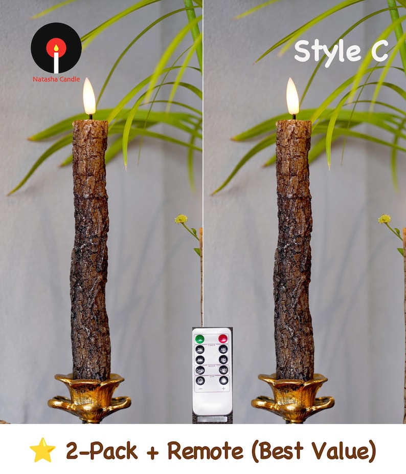 Rustic Birch & Bark Flameless Candles – Realistic LED Taper Candles Woodland Home Decor, Cozy Cabin Fireplace Lights 2-Pack + Remote C