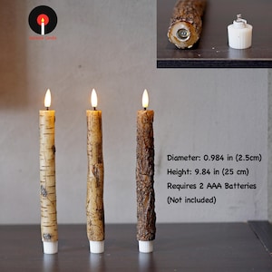 May include: Three battery-operated candles with realistic bark-like textures. Each candle has a flickering LED flame. The diameter is 0.984 inches (2.5cm), and the height is 9.84 inches (25 cm). Requires 2 AAA batteries.