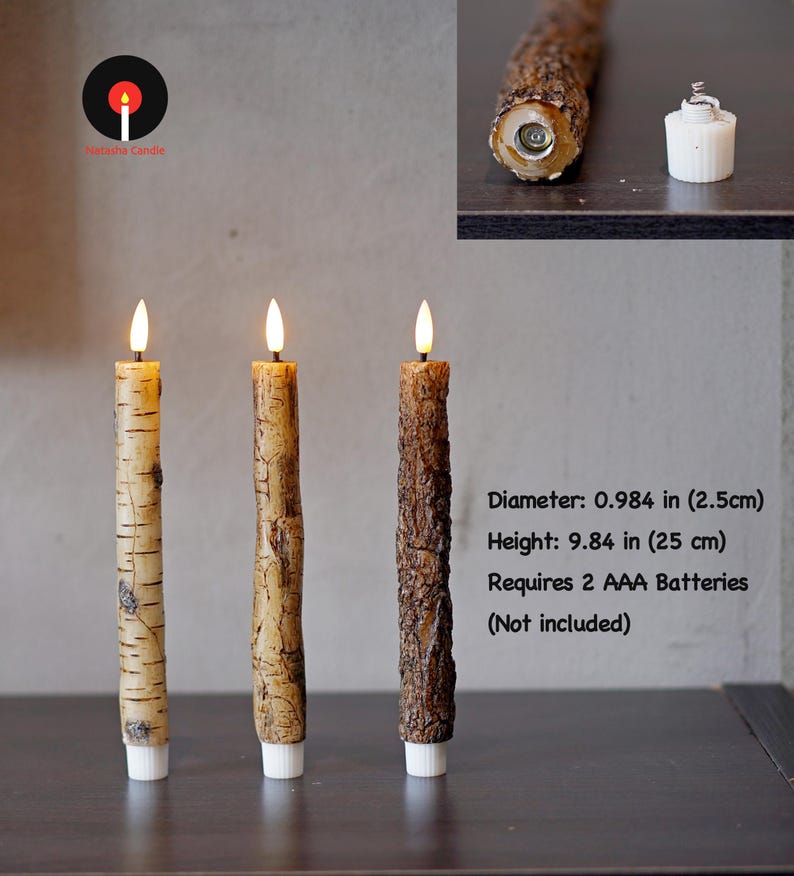 May include: Three battery-operated candles with realistic bark-like textures. Each candle has a flickering LED flame. The diameter is 0.984 inches (2.5cm), and the height is 9.84 inches (25 cm). Requires 2 AAA batteries.