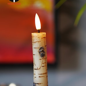 Rustic Birch & Bark Flameless Candles – Realistic LED Taper Candles Woodland Home Decor, Cozy Cabin Fireplace Lights Single Candle A