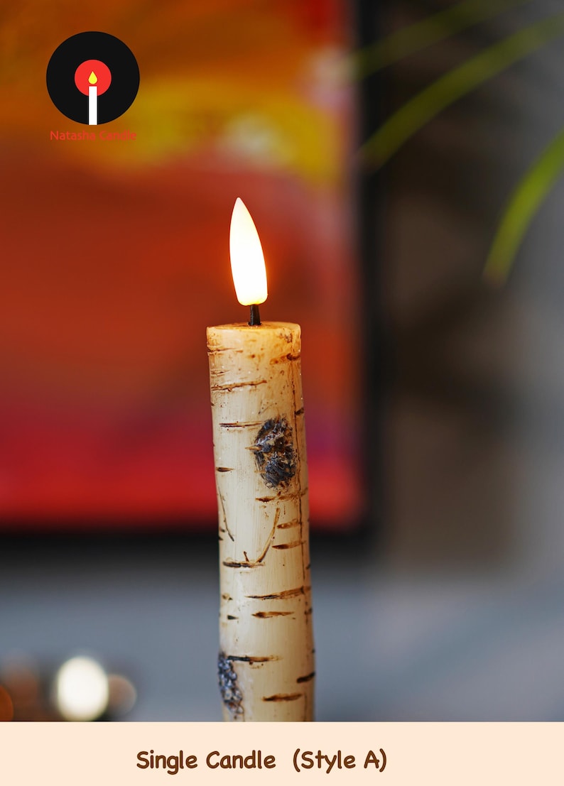 Rustic Birch & Bark Flameless Candles – Realistic LED Taper Candles Woodland Home Decor, Cozy Cabin Fireplace Lights Single Candle A