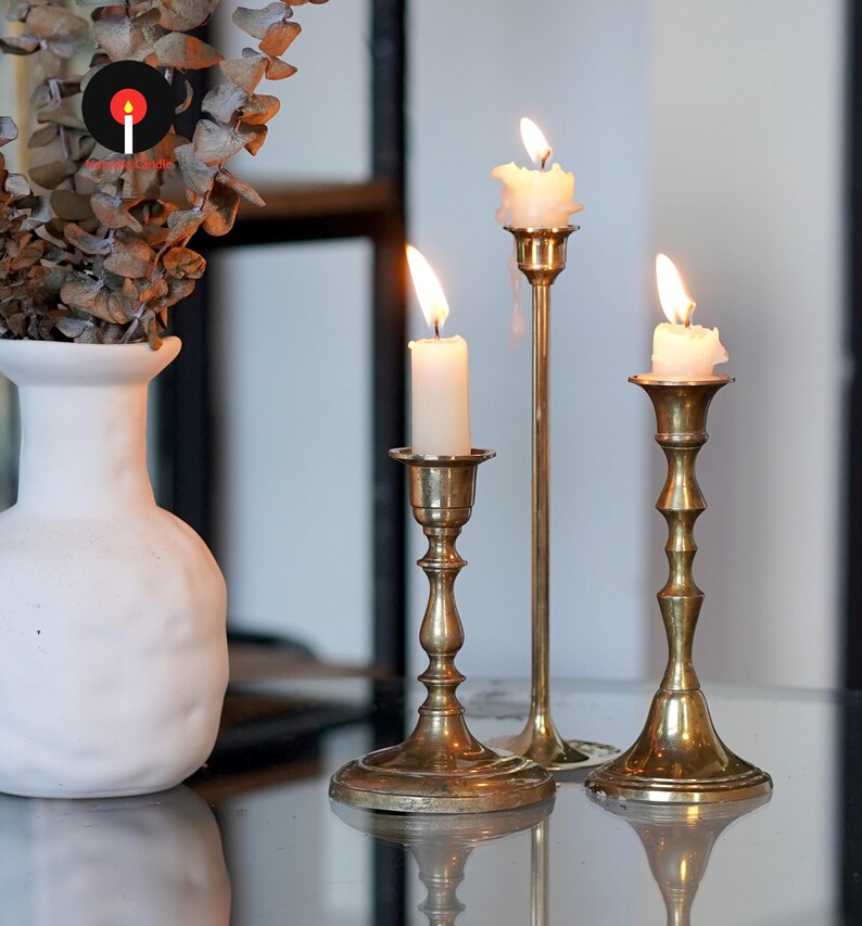 Vintage Brass Candlestick Holder Set, Curated Brass Candle Holders, Antique Style Taper Candle Stands, Old World Home Decor image 5