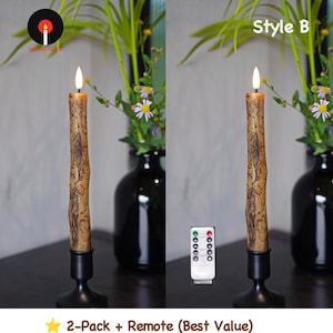 Rustic Birch & Bark Flameless Candles – Realistic LED Taper Candles Woodland Home Decor, Cozy Cabin Fireplace Lights 2-Pack + Remote B