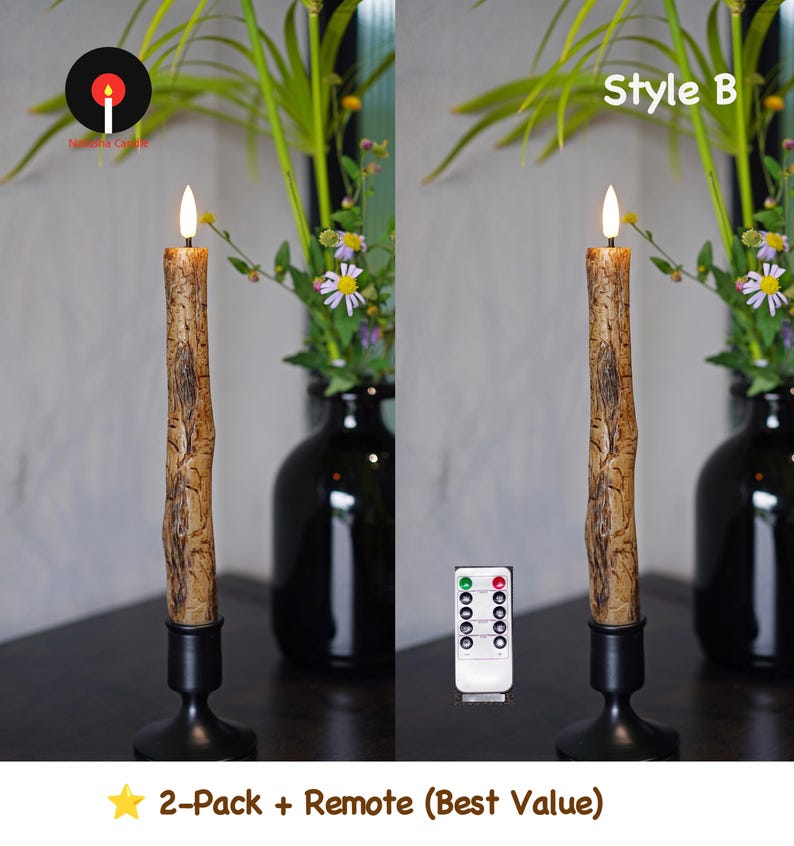 Rustic Birch & Bark Flameless Candles – Realistic LED Taper Candles Woodland Home Decor, Cozy Cabin Fireplace Lights 2-Pack + Remote B