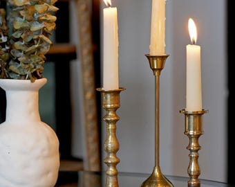 Juego de candelabros de latón vintage, candelabros de latón seleccionados, portavelas cónicos de estilo antiguo, decoración para el hogar de estilo clásico.