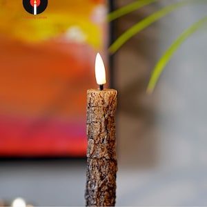 Rustic Birch & Bark Flameless Candles – Realistic LED Taper Candles Woodland Home Decor, Cozy Cabin Fireplace Lights Single Candle C