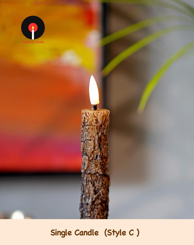 Rustic Birch & Bark Flameless Candles – Realistic LED Taper Candles Woodland Home Decor, Cozy Cabin Fireplace Lights Single Candle C