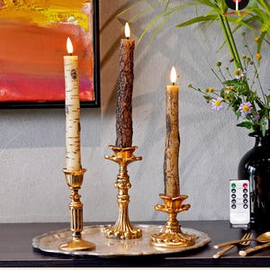 Rustic Birch & Bark Flameless Candles – Realistic LED Taper Candles Woodland Home Decor, Cozy Cabin Fireplace Lights 3-Pack Set + Remote
