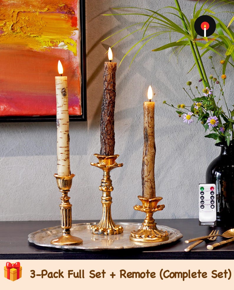 Rustic Birch & Bark Flameless Candles – Realistic LED Taper Candles Woodland Home Decor, Cozy Cabin Fireplace Lights 3-Pack Set + Remote
