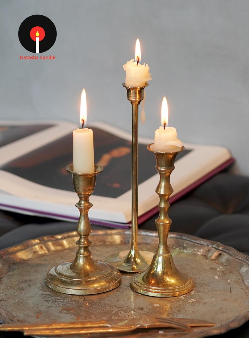 Vintage Brass Candlestick Holder Set, Curated Brass Candle Holders, Antique Style Taper Candle Stands, Old World Home Decor image 4