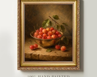 Cherry Still Life Oil Painting, Original Cherries Painting, Fruit Bowl Artwork, Classical Kitchen Wall Art, Rustic Home Decor