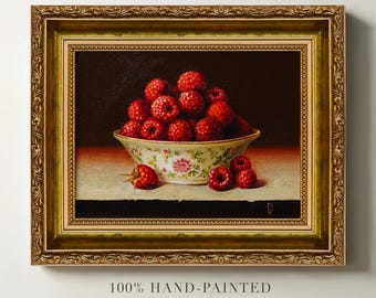 Original Oil Painting, Raspberries in Ceramic Bowl, Hand-Painted Still Life Fruit Art