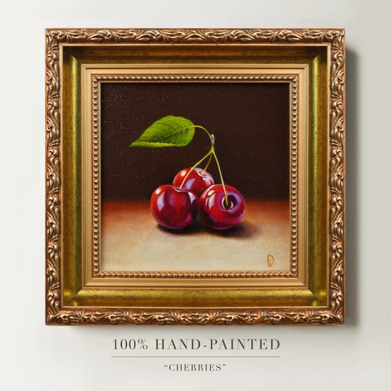 Original Cherry Oil Painting, Hand-Painted Fruit Art, Cherry Still Life Miniature, Oil on Canvas, Framed Kitchen Wall Art