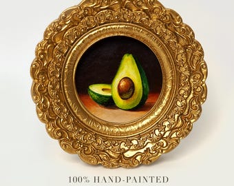 Peinture à l'huile d'avocat encadrée, nature morte miniature, or vintage