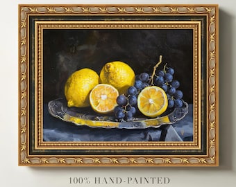Original Lemon and Grape Still Life Painting, Oil on Canvas, Framed Fruit Artwork, Kitchen Wall Art, Hand Painted Home Decor