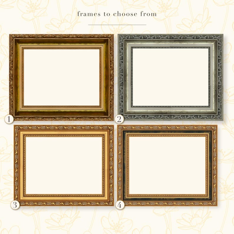 Puede incluir: Cuatro marcos de fotos ornamentados en oro, plata y negro. Los marcos tienen tallas detalladas y est&aacute;n numerados del 1 al 4. El texto "frames to choose from" est&aacute; en la parte superior de la imagen.