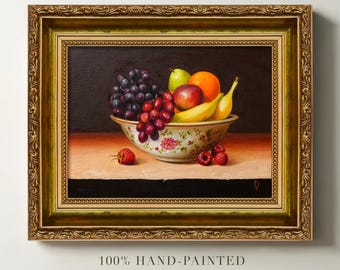 Original Oil Painting Still Life Fruits in Ceramic Bowl, Framed Kitchen Wall Art