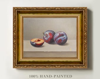Original Plums Oil Painting: Still Life Kitchen Wall Art, Framed or Unframed
