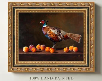 Original Pheasant and Apricot Still Life Painting, Oil on Canvas, Bird Artwork, Fruit Still Life, Farmhouse Wall Art, Rustic Home Decor