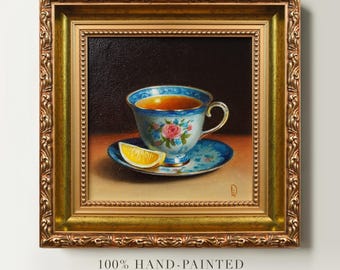 Tea Cup with Lemon Slice Original Oil Painting, Hand-Painted Still Life Wall Art on Framed Canvas for Kitchen, Dining Room, or Cafe Decor