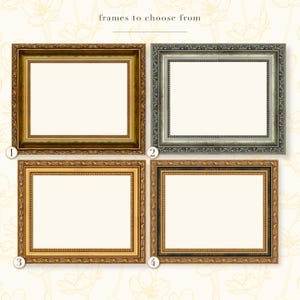 Może przedstawiać: Cztery prostokątne ramki na zdjęcia ponumerowane od jednego do czterech z napisem frames to choose from u g&oacute;ry. Ramka pierwsza jest złota, druga srebrna, trzecia jasnozłota, a czwarta czarna ze złotymi detalami wewnątrz.