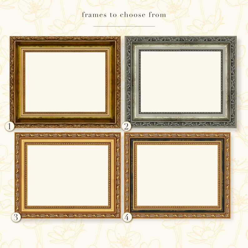 Może przedstawiać: Cztery prostokątne ramki na zdjęcia ponumerowane od jednego do czterech z napisem frames to choose from u g&oacute;ry. Ramka pierwsza jest złota, druga srebrna, trzecia jasnozłota, a czwarta czarna ze złotymi detalami wewnątrz.