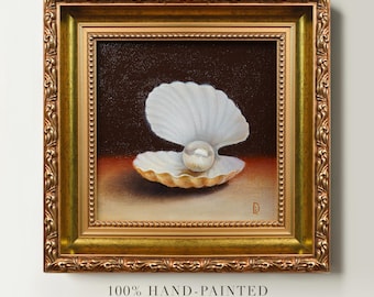 Pintura al óleo original de perlas y conchas marinas, arte mural costero enmarcado, decoración para casa de playa, obra de arte náutica pintada a mano, regalo de conchas marinas
