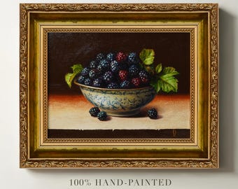 Original Blackberry Oil Painting, Blackberries in a Ceramic Bowl, Hand-Painted Still Life on Canvas, Framed Wall Art, Realistic Fruit Art
