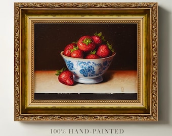 Origineel aardbei-olieverfschilderij, ingelijst stilleven, keukenmuurkunst 8 x 10
