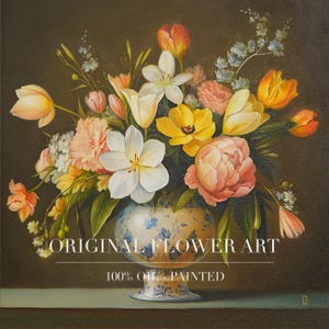 Hand-Painted Flower Still Life Oil Painting: Gold Framed Canvas Art