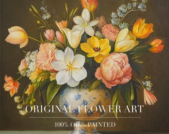 Hand-Painted Flower Still Life Oil Painting: Gold Framed Canvas Art
