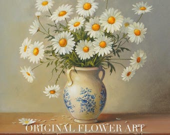 Hand-Painted Daisies Oil Painting: Gold-Framed Floral Still Life