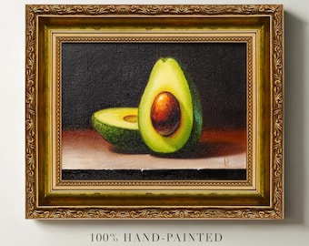 Handgeschilderd avocado-olieverfschilderij, ingelijst keukenstilleven