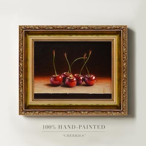 100% Hand-Painted Cherry Oil Painting, Original Oil Painting of Cherries on Canvas, Framed Cherry Still Life, Vibrant Kitchen Wall Art