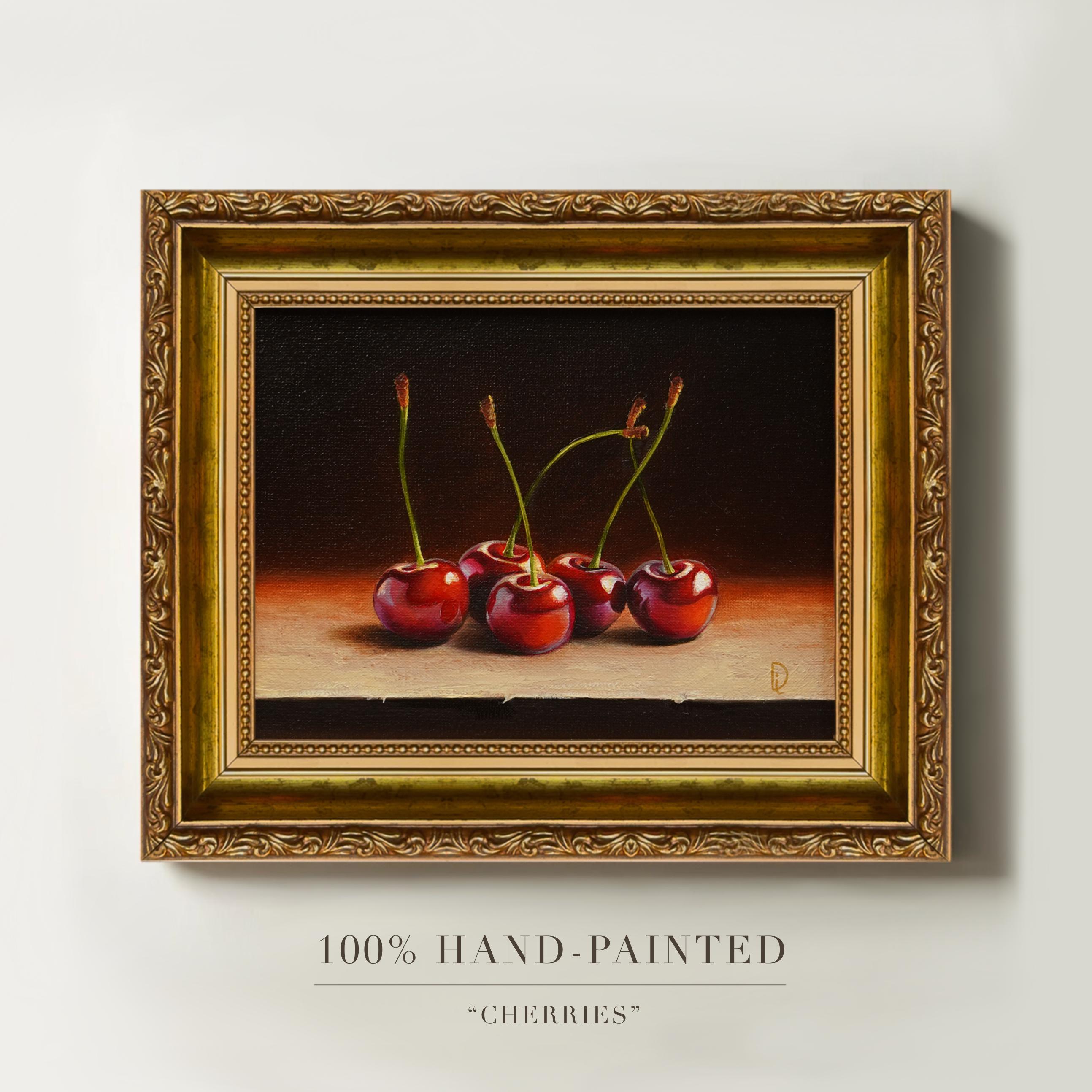 100% Hand-Painted Cherry Oil Painting, Original Oil Painting of Cherries on Canvas, Framed Cherry Still Life, Vibrant Kitchen Wall Art