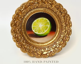 Hand-Painted Lime Oil Painting: Miniature Still Life in Gold Frame