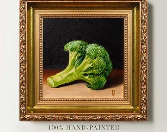 Original Broccoli Oil Painting, Hand-Painted Kitchen Art, Broccoli Still Life Miniature, Oil on Canvas, Framed and Ready to Hang