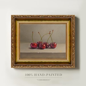 100% Original Cherry Oil Painting, Hand-Painted Cherry Painting, Fruit Oil Canvas, 6x8in, Oil Still Life, Kitchen Decor, Framed Wall Art