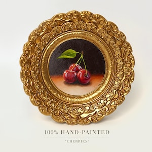 Mini Cherry Oil Painting: Realistic Still Life in Gold Frame