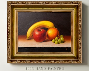 Original Fruit Still Life Oil Painting: Banana, Apple, Orange & Grapes Textured Modern Kitchen Wall Art on Canvas, Ready to Hang Gift