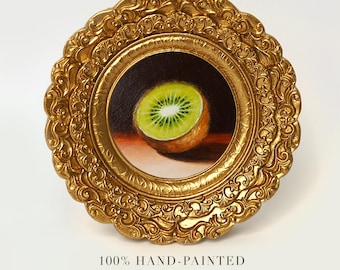 Kiwi Oil Painting: Framed Still Life Food Art in Gold