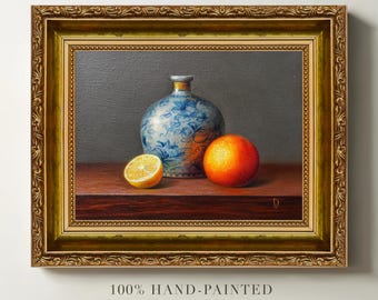 Original Orange Still Life Oil Painting, Textured Fruit & Ceramic Vase, Framed Kitchen Wall Art