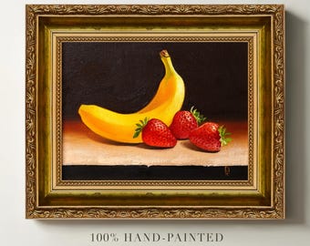 Original Fruit Oil Painting: Textured Banana and Strawberries Still Life, Kitchen Wall Art