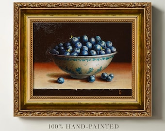 Original Blueberry Oil Painting, Blueberries in a Ceramic Bowl, Hand-Painted Still Life on Canvas, Framed Wall Art, Realistic Fruit Painting